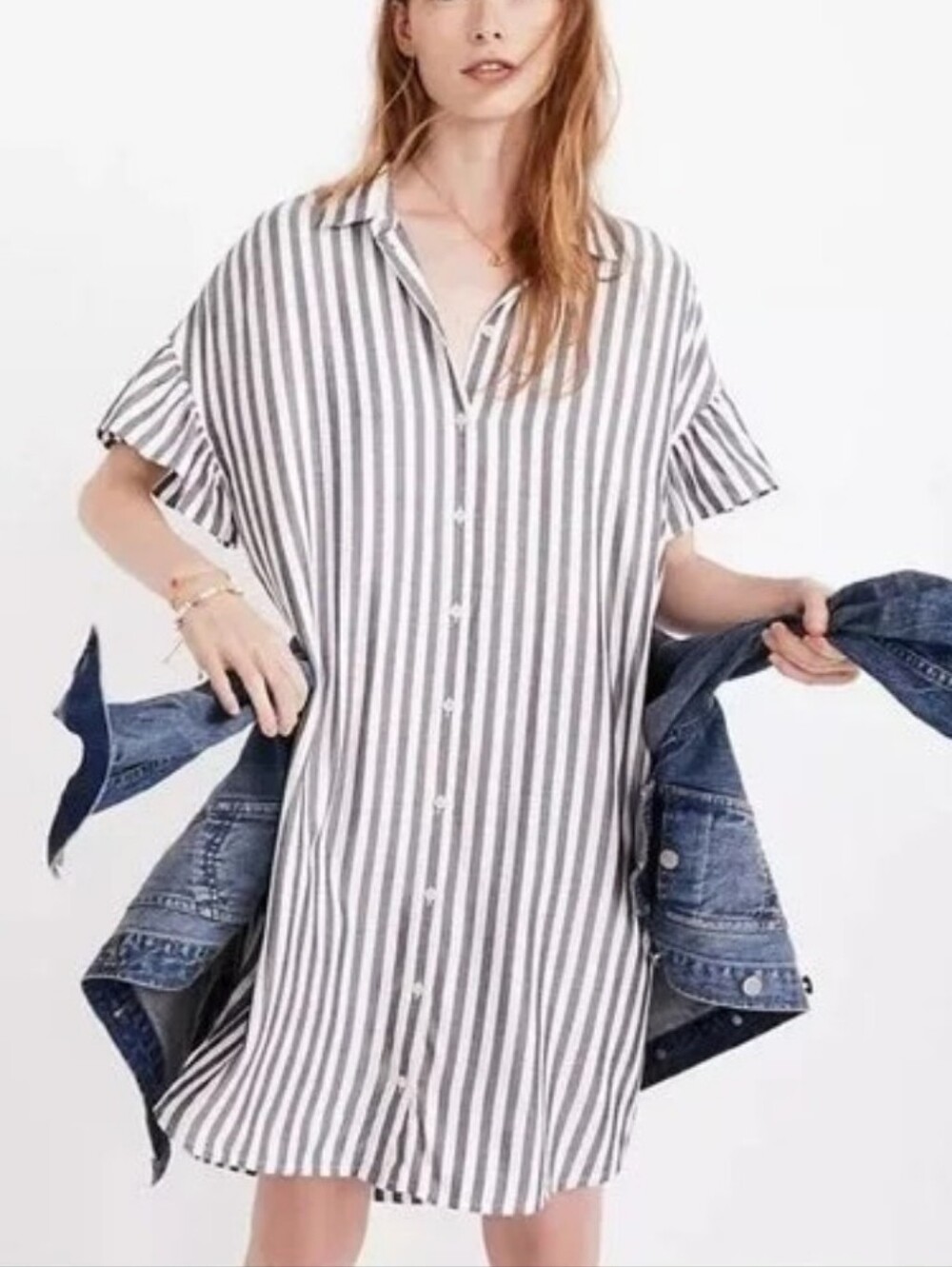 Madewell Womens White Black Striped Button-Front Courier Ruffle Sleeve Dress M